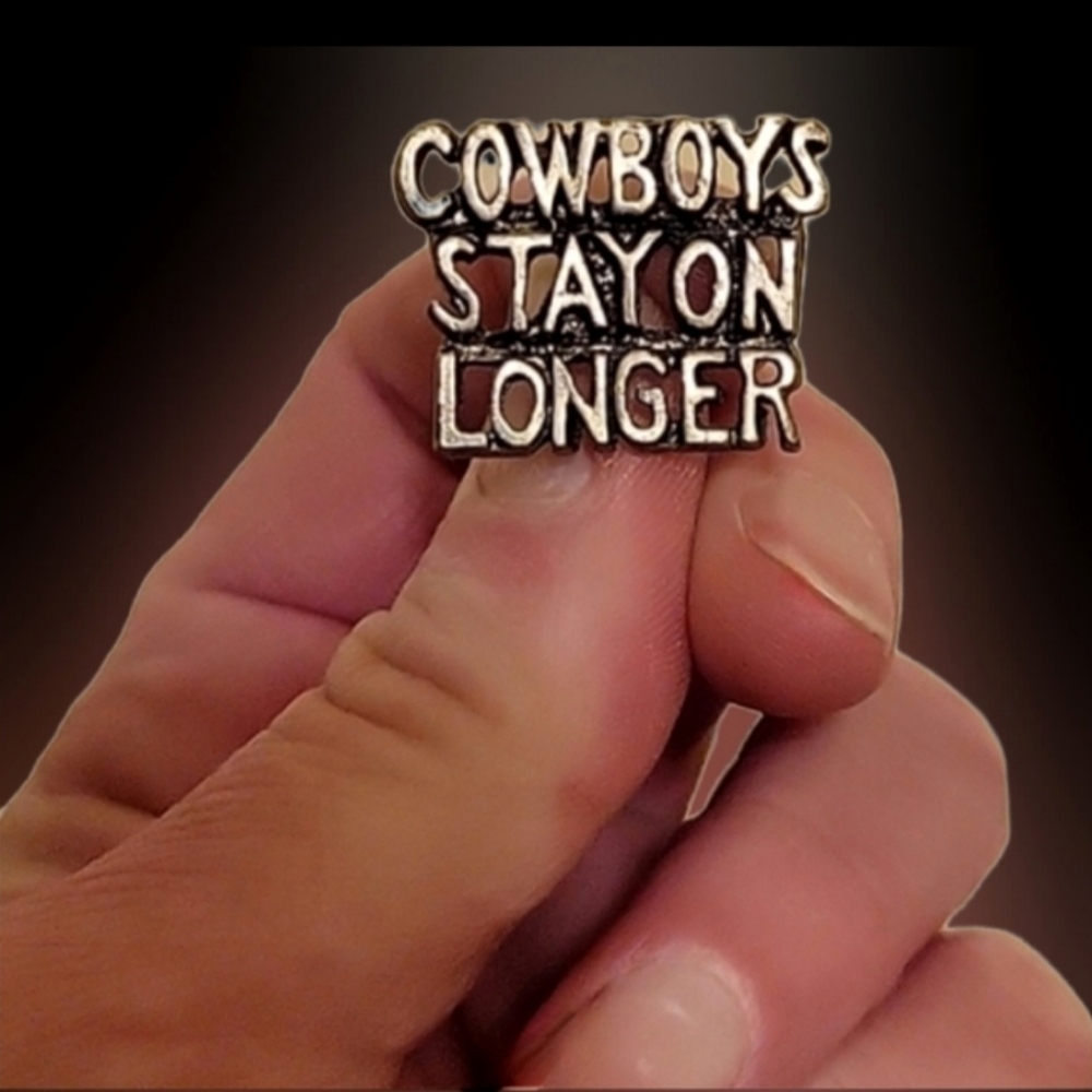 Vtg western pewter cowboys stay on Longer funny adult graphic lapel pin unisex